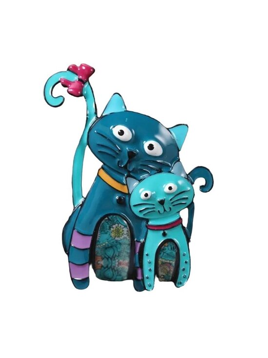 unbranded Jewelry - Mother Cat with Kitten Brooch Whimsy Teal Blue Enamel